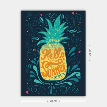 Canvas taulu 70x100 cm - Värikäs ananas ja trooppinen teksti Hello Summer - Vihreä / Keltainen / Sininen - Sisustustuotteet - Taulu & taide - Canvas-taulu