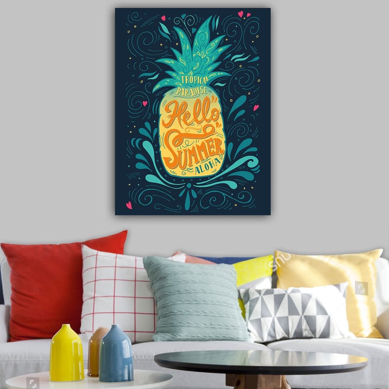 Canvas taulu 70x100 cm - Värikäs ananas ja trooppinen teksti Hello Summer - Vihreä / Keltainen / Sininen - Sisustustuotteet - Taulu & taide - Canvas-taulu