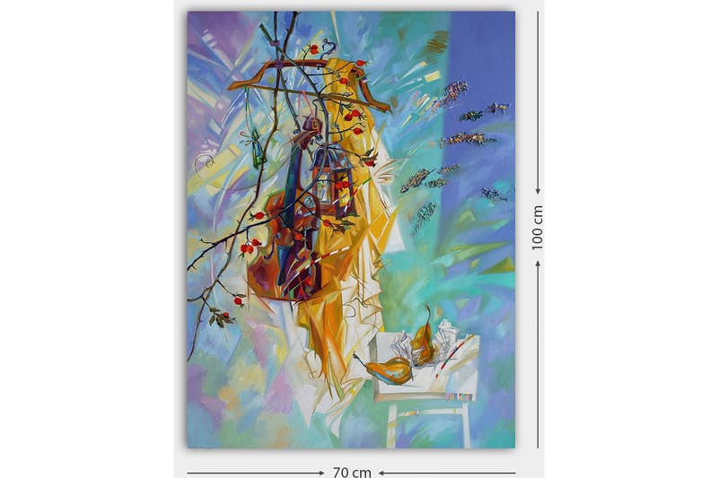 Canvas taulu 70x100 cm - Värikäs asetelma, jossa vaatteita roikkuu henkarissa, hedelmien ja kukkien ympäröimänä - Keltainen / Sininen / Vihreä - Sisustustuotteet - Taulu & taide - Canvas-taulu
