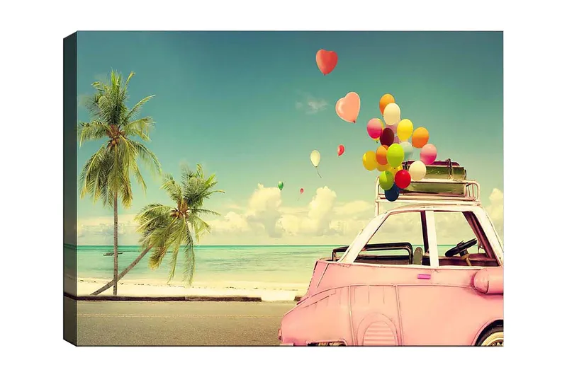 Canvas taulu 70x100 cm - Värikäs auto ilmapalloilla katolla, palmujen ja meren ympäröimänä, luo kesän ja ilon tunteen, Vaaleanpunainen / Vihreä / Keltainen