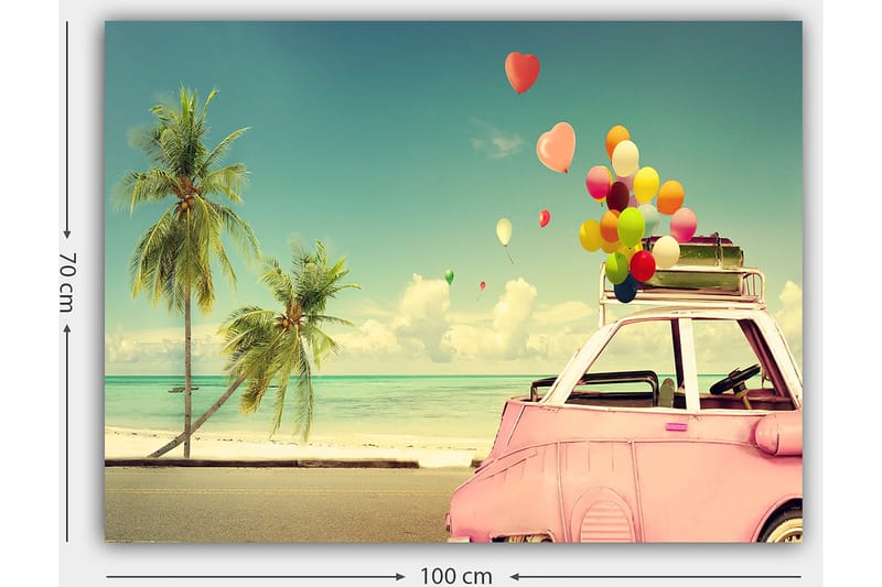 Canvas taulu 70x100 cm - Värikäs auto ilmapalloilla katolla, palmujen ja meren ympäröimänä, luo kesän ja ilon tunteen - Vaaleanpunainen / Vihreä / Keltainen - Sisustustuotteet - Taulu & taide - Canvas-taulu