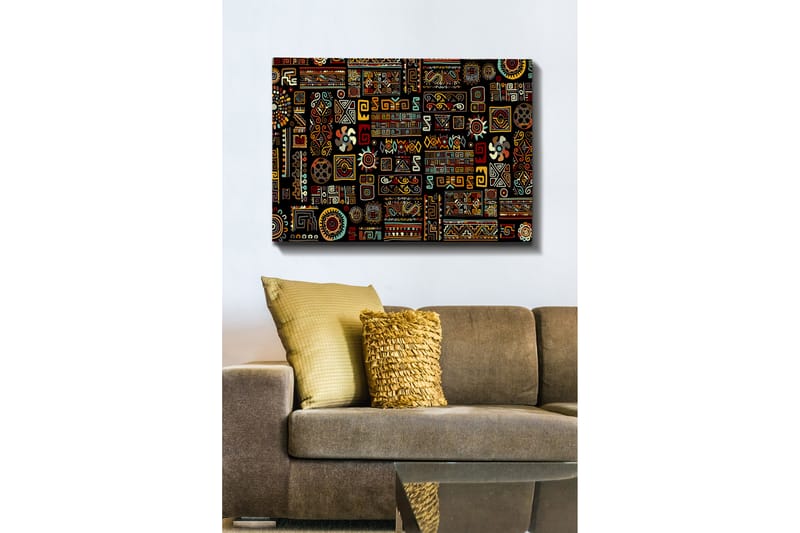 Canvas taulu 70x100 cm - Värikäs geometrinen kuvio symbolisilla elementeillä, Musta / Punainen / Keltainen