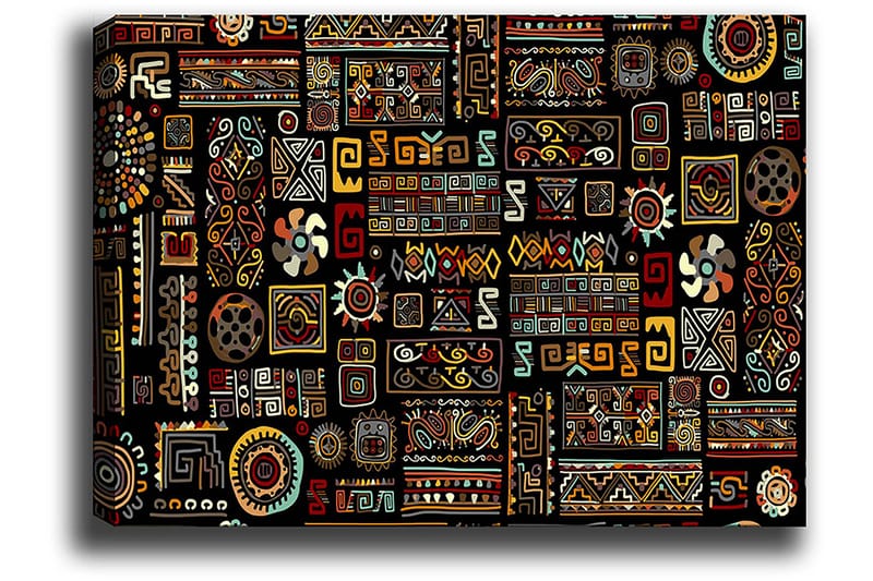 Canvas taulu 70x100 cm - Värikäs geometrinen kuvio symbolisilla elementeillä - Musta / Punainen / Keltainen - Sisustustuotteet - Taulu & taide - Canvas-taulu
