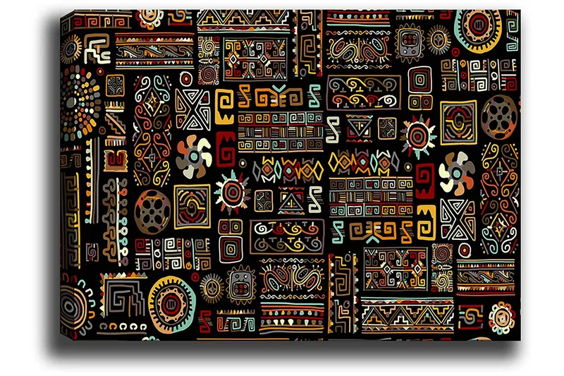 Canvas taulu 70x100 cm - Värikäs geometrinen kuvio symbolisilla elementeillä - Musta / Punainen / Keltainen - Sisustustuotteet - Taulu & taide - Canvas-taulu