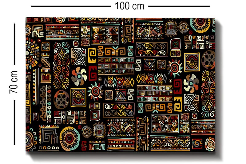 Canvas taulu 70x100 cm - Värikäs geometrinen kuvio symbolisilla elementeillä - Musta / Punainen / Keltainen - Sisustustuotteet - Taulu & taide - Canvas-taulu
