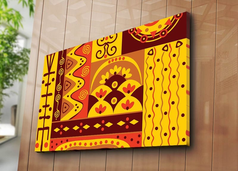 Canvas taulu 70x100 cm - Värikäs geometrinen kuviointi abstrakteilla muodoilla ja symboleilla - Keltainen / Punainen / Ruskea - Sisustustuotteet - Taulu & taide - Canvas-taulu