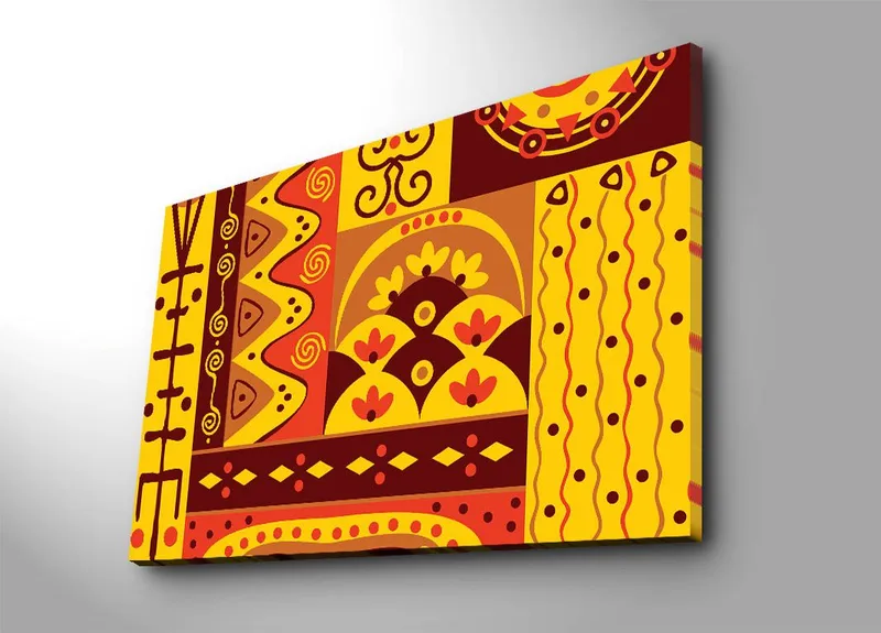Canvas taulu 70x100 cm - Värikäs geometrinen kuviointi abstrakteilla muodoilla ja symboleilla, Keltainen / Punainen / Ruskea