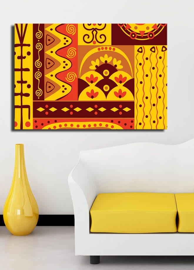 Canvas taulu 70x100 cm - Värikäs geometrinen kuviointi abstrakteilla muodoilla ja symboleilla - Keltainen / Punainen / Ruskea - Sisustustuotteet - Taulu & taide - Canvas-taulu