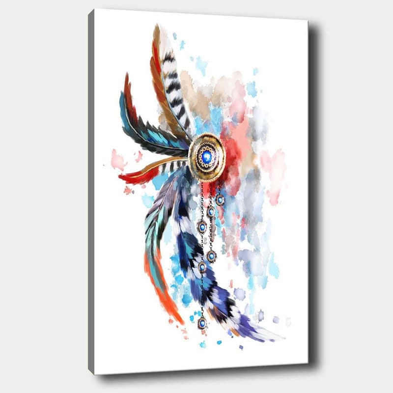 Canvas taulu 70x100 cm - Värikäs höyhenkoriste, jossa on keskellä ympyrä ja roikkuvia yksityiskohtia, Sininen / Punainen / Musta