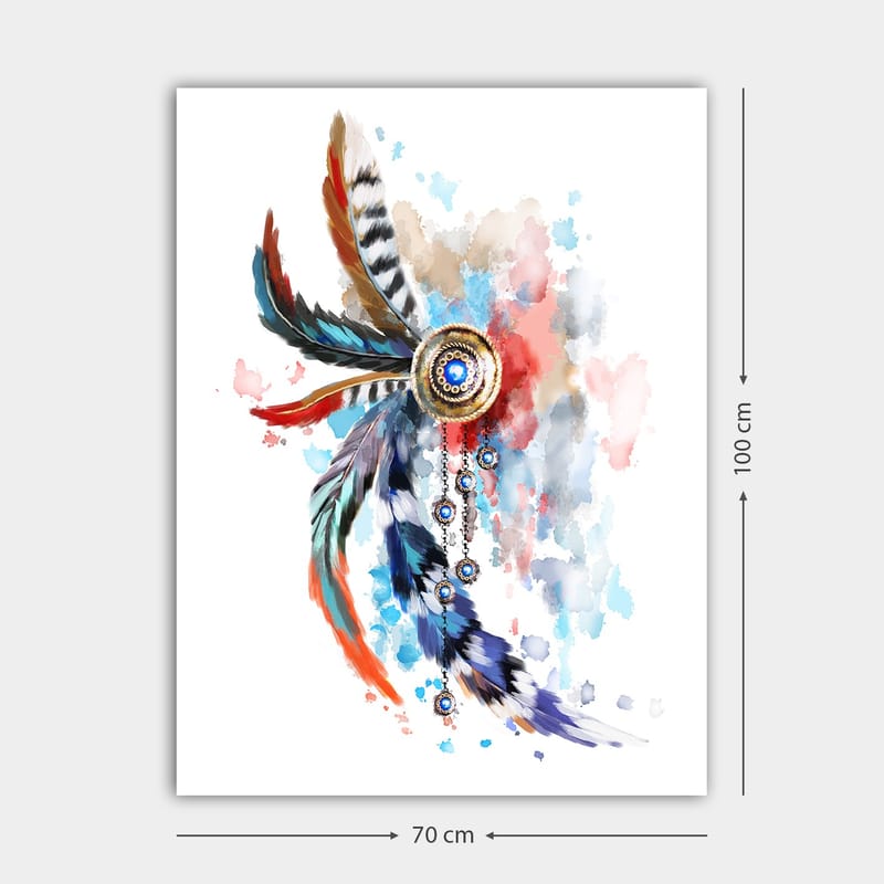 Canvas taulu 70x100 cm - Värikäs höyhenkoriste, jossa on keskellä ympyrä ja roikkuvia yksityiskohtia - Sininen / Punainen / Musta - Sisustustuotteet - Taulu & taide - Canvas-taulu