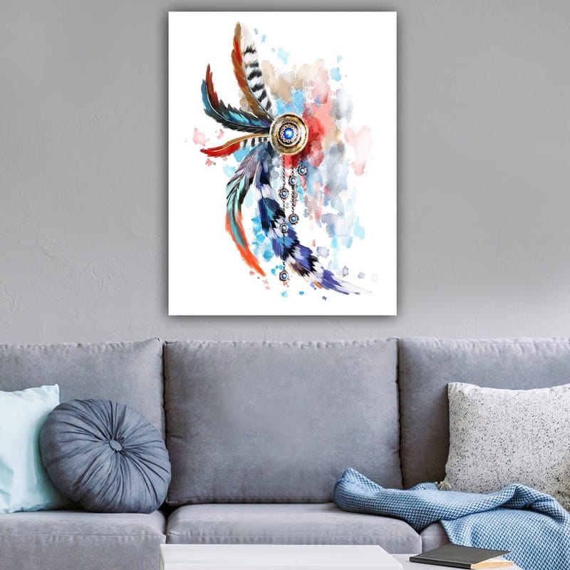 Canvas taulu 70x100 cm - Värikäs höyhenkoriste, jossa on keskellä ympyrä ja roikkuvia yksityiskohtia - Sininen / Punainen / Musta - Sisustustuotteet - Taulu & taide - Canvas-taulu