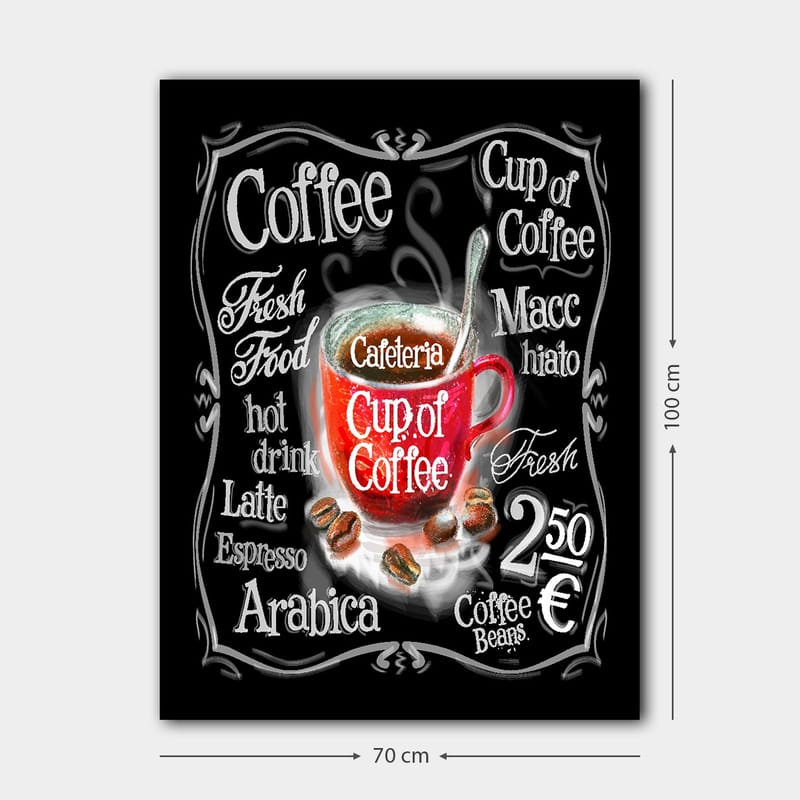 Canvas taulu 70x100 cm - Värikäs höyryävä kahvikuppi, tekstin ja kahvipapujen ympäröimä - Punainen / Musta / Valkoinen - Sisustustuotteet - Taulu & taide - Canvas-taulu