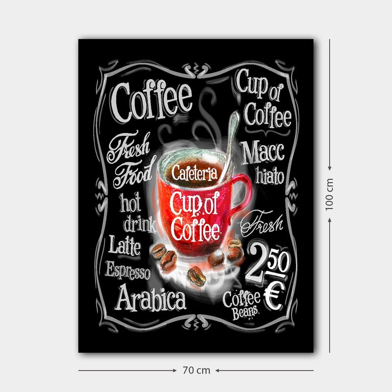 Canvas taulu 70x100 cm - Värikäs höyryävä kahvikuppi, tekstin ja kahvipapujen ympäröimä - Punainen / Musta / Valkoinen - Sisustustuotteet - Taulu & taide - Canvas-taulu