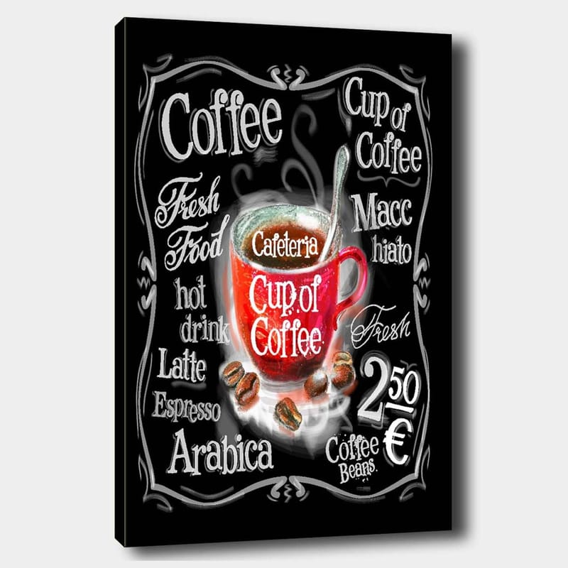 Canvas taulu 70x100 cm - Värikäs höyryävä kahvikuppi, tekstin ja kahvipapujen ympäröimä - Punainen / Musta / Valkoinen - Sisustustuotteet - Taulu & taide - Canvas-taulu