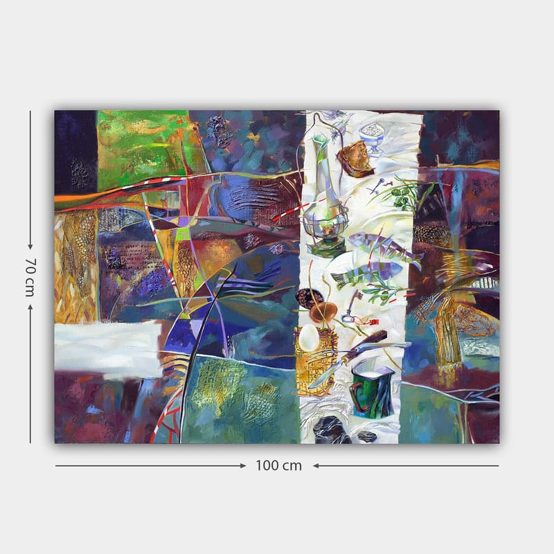 Canvas taulu 70x100 cm - Värikäs hiljaisuus katetulla pöydällä, jossa on esillä erilaisia esineitä ja ruokaa - Vihreä / Sininen / Violetti - Sisustustuotteet - Taulu & taide - Canvas-taulu