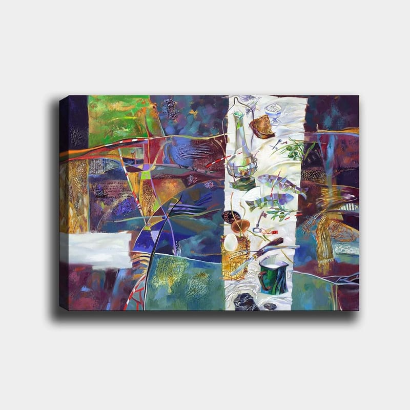 Canvas taulu 70x100 cm - Värikäs hiljaisuus katetulla pöydällä, jossa on esillä erilaisia esineitä ja ruokaa, Vihreä / Sininen / Violetti