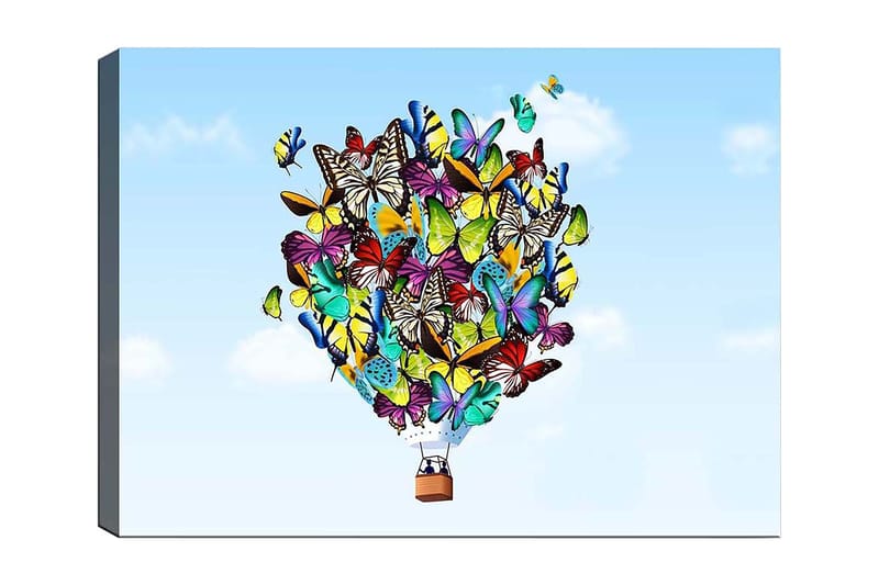 Canvas taulu 70x100 cm - Värikäs ilmapallo, joka on täytetty erilaisilla perhosilla leijumassa kirkasta taivasta vasten, Vihreä / Sininen / Keltainen