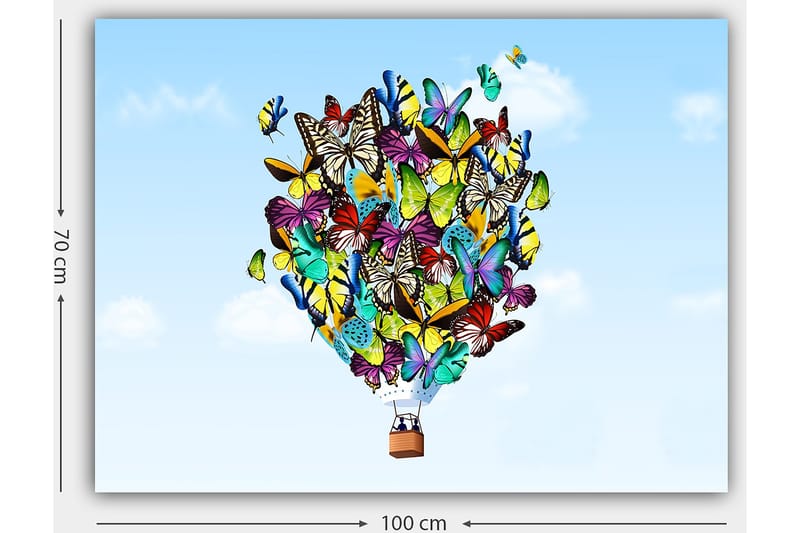 Canvas taulu 70x100 cm - Värikäs ilmapallo, joka on täytetty erilaisilla perhosilla leijumassa kirkasta taivasta vasten - Vihreä / Sininen / Keltainen - Sisustustuotteet - Taulu & taide - Canvas-taulu