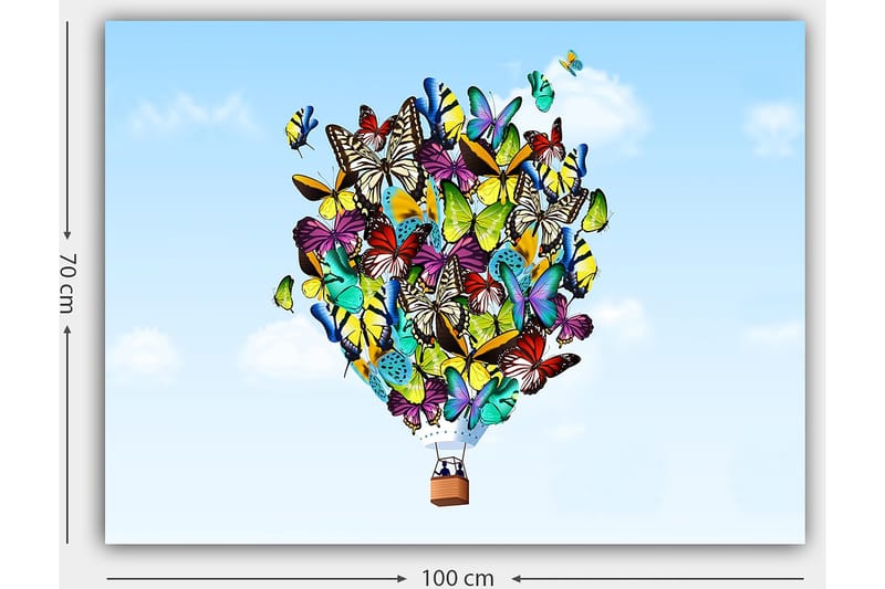 Canvas taulu 70x100 cm - Värikäs ilmapallo, joka on täytetty erilaisilla perhosilla leijumassa kirkasta taivasta vasten - Vihreä / Sininen / Keltainen - Sisustustuotteet - Taulu & taide - Canvas-taulu