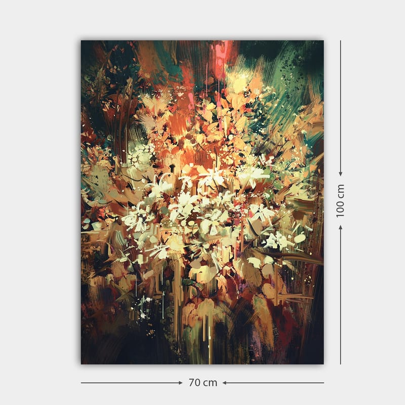 Canvas taulu 70x100 cm - Värikäs ja abstrakti kukka-asetelma, joka vangitsee luonnon kauneuden - Vihreä / Oranssi / Valkoinen - Sisustustuotteet - Taulu & taide - Canvas-taulu