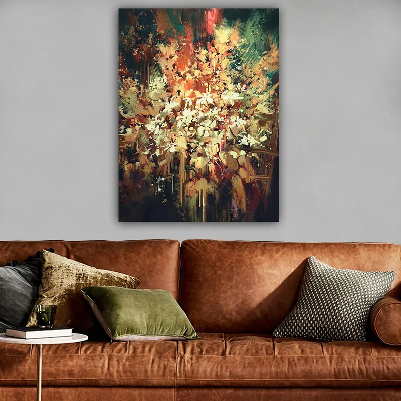 Canvas taulu 70x100 cm - Värikäs ja abstrakti kukka-asetelma, joka vangitsee luonnon kauneuden - Vihreä / Oranssi / Valkoinen - Sisustustuotteet - Taulu & taide - Canvas-taulu