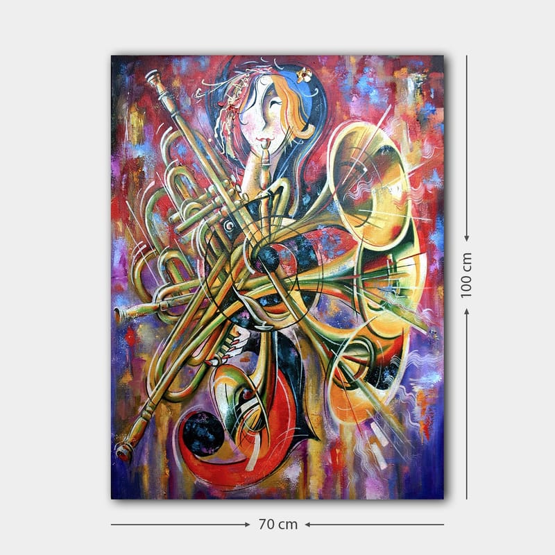 Canvas taulu 70x100 cm - Värikäs ja abstrakti kuva muusikosta erilaisten puhallinsoittimien ympäröimänä - Kulta / Punainen / Sininen - Sisustustuotteet - Taulu & taide - Canvas-taulu