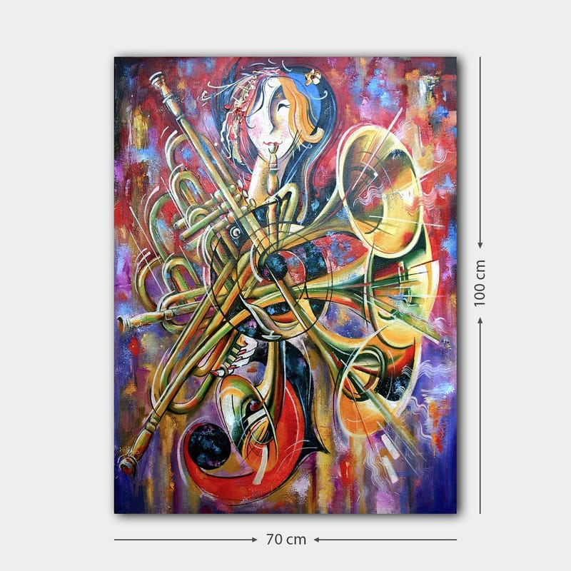 Canvas taulu 70x100 cm - Värikäs ja abstrakti kuva muusikosta erilaisten puhallinsoittimien ympäröimänä - Kulta / Punainen / Sininen - Sisustustuotteet - Taulu & taide - Canvas-taulu