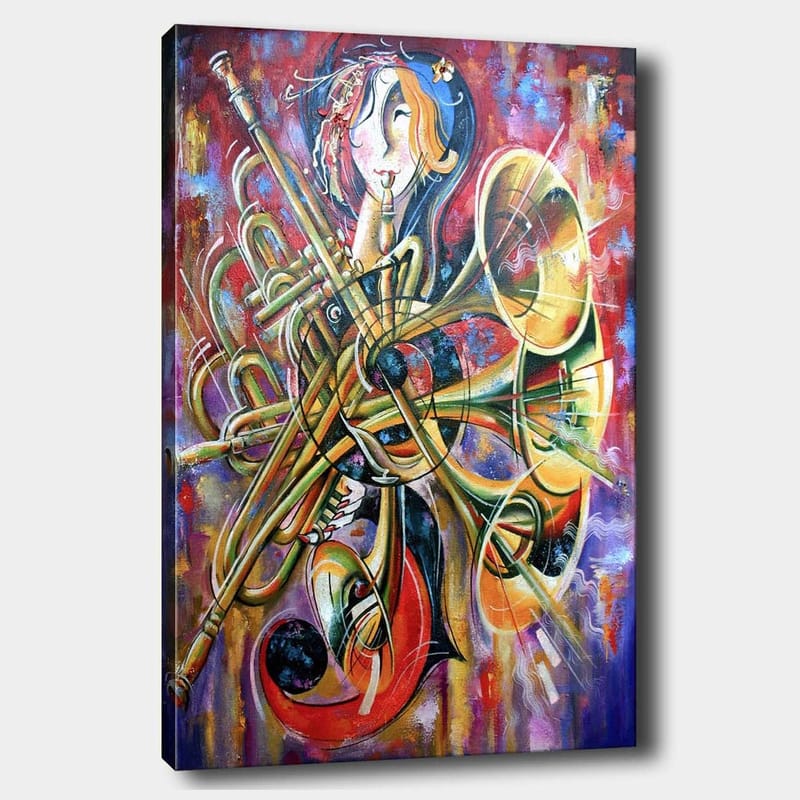 Canvas taulu 70x100 cm - Värikäs ja abstrakti kuva muusikosta erilaisten puhallinsoittimien ympäröimänä, Kulta / Punainen / Sininen