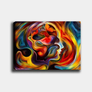 Canvas taulu 70x100 cm - Värikäs ja abstrakti kuvaus henkilön profiilista, jossa on perhosen elementtejä, jotka symboloivat muutosta ja vapautta - Punainen / Oranssi / Sininen - Sisustustuotteet - Taulu & taide - Canvas-taulu