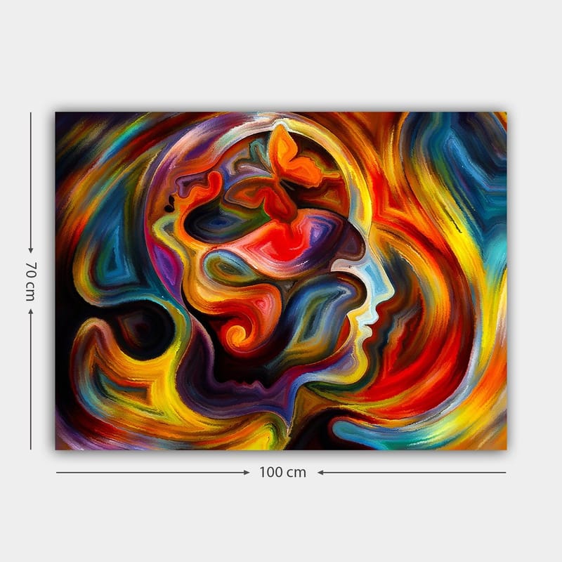 Canvas taulu 70x100 cm - Värikäs ja abstrakti kuvaus henkilön profiilista, jossa on perhosen elementtejä, jotka symboloivat muutosta ja vapautta - Punainen / Oranssi / Sininen - Sisustustuotteet - Taulu & taide - Canvas-taulu