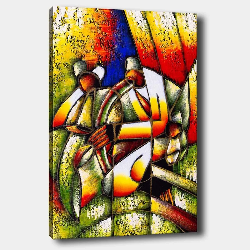 Canvas taulu 70x100 cm - Värikäs ja abstrakti kuvaus ihmisistä vuorovaikutuksessa keskenään, Vihreä / Keltainen / Punainen