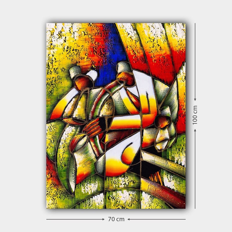 Canvas taulu 70x100 cm - Värikäs ja abstrakti kuvaus ihmisistä vuorovaikutuksessa keskenään - Vihreä / Keltainen / Punainen - Sisustustuotteet - Taulu & taide - Canvas-taulu