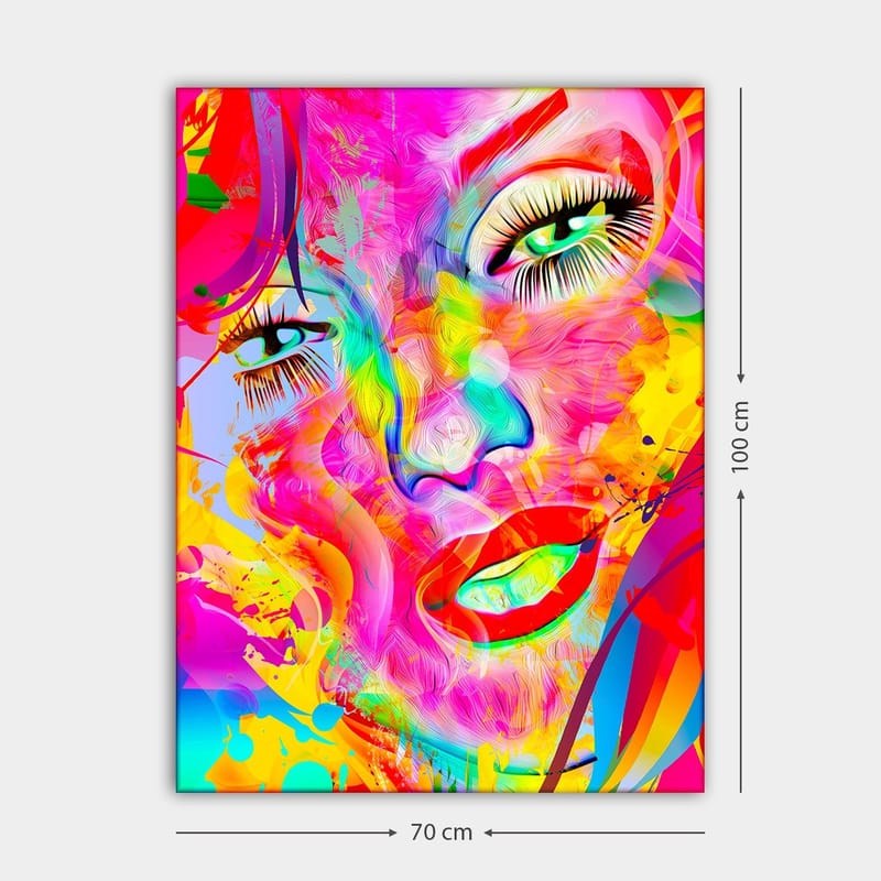 Canvas taulu 70x100 cm - Värikäs ja abstrakti muotokuva naisesta, jolla on ilmeikkäät silmät ja huulet - Vaaleanpunainen / Keltainen / Vihreä - Sisustustuotteet - Taulu & taide - Canvas-taulu
