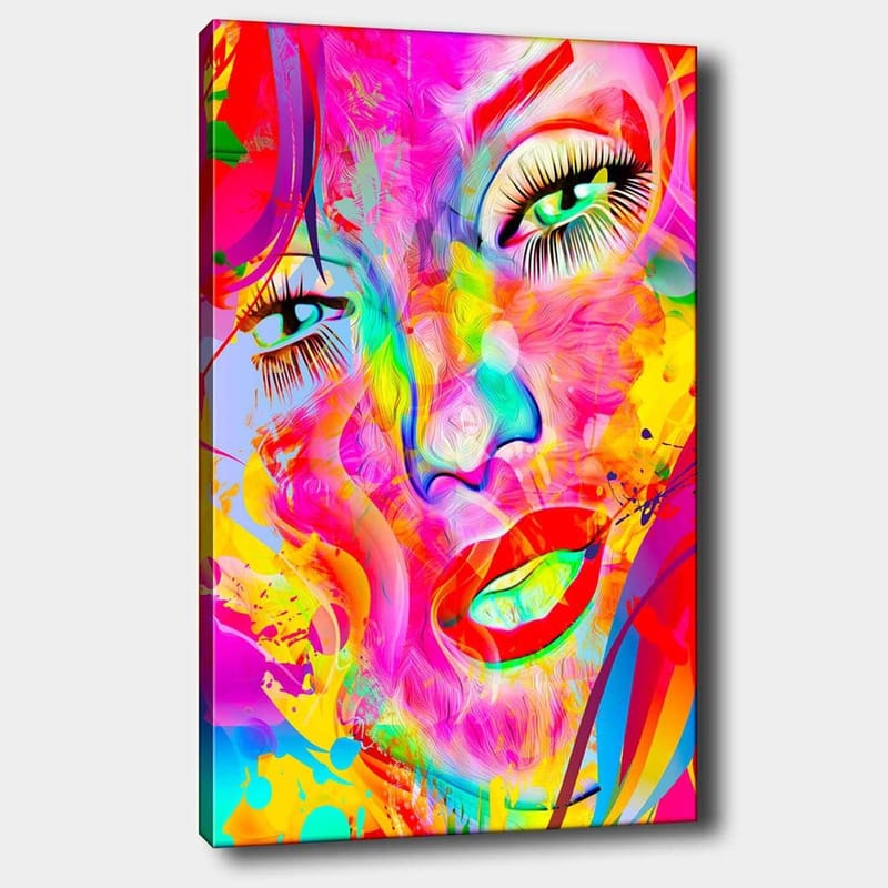 Canvas taulu 70x100 cm - Värikäs ja abstrakti muotokuva naisesta, jolla on ilmeikkäät silmät ja huulet, Vaaleanpunainen / Keltainen / Vihreä