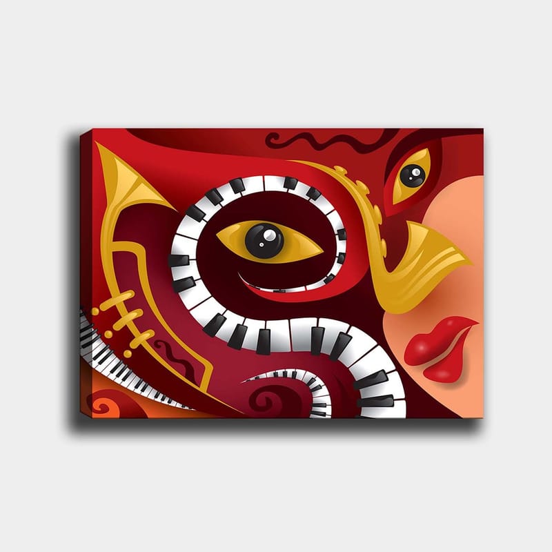 Canvas taulu 70x100 cm - Värikäs ja abstrakti sommitelma, joka yhdistää musiikillisia elementtejä kasvonpiirteisiin, Punainen / Musta / Keltainen