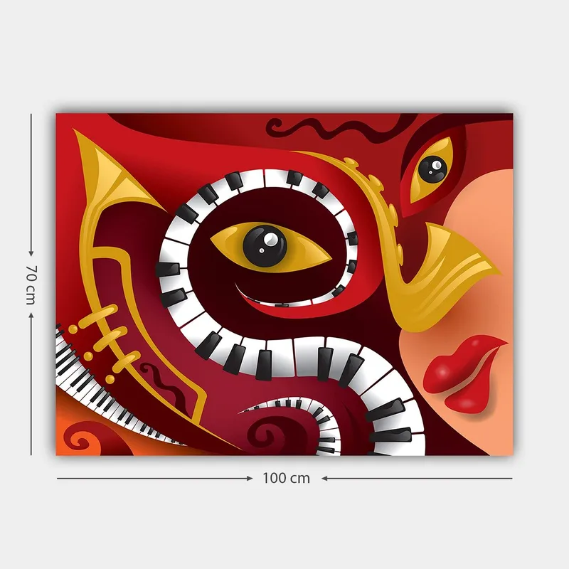 Canvas taulu 70x100 cm - Värikäs ja abstrakti sommitelma, joka yhdistää musiikillisia elementtejä kasvonpiirteisiin - Punainen / Musta / Keltainen - Sisustustuotteet - Taulu & taide - Canvas-taulu