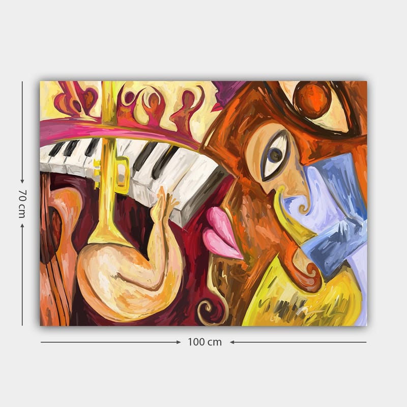 Canvas taulu 70x100 cm - Värikäs ja abstrakti sommitelma musiikkielementeillä ja kasvoaiheilla - Punainen / Keltainen / Sininen - Sisustustuotteet - Taulu & taide - Canvas-taulu