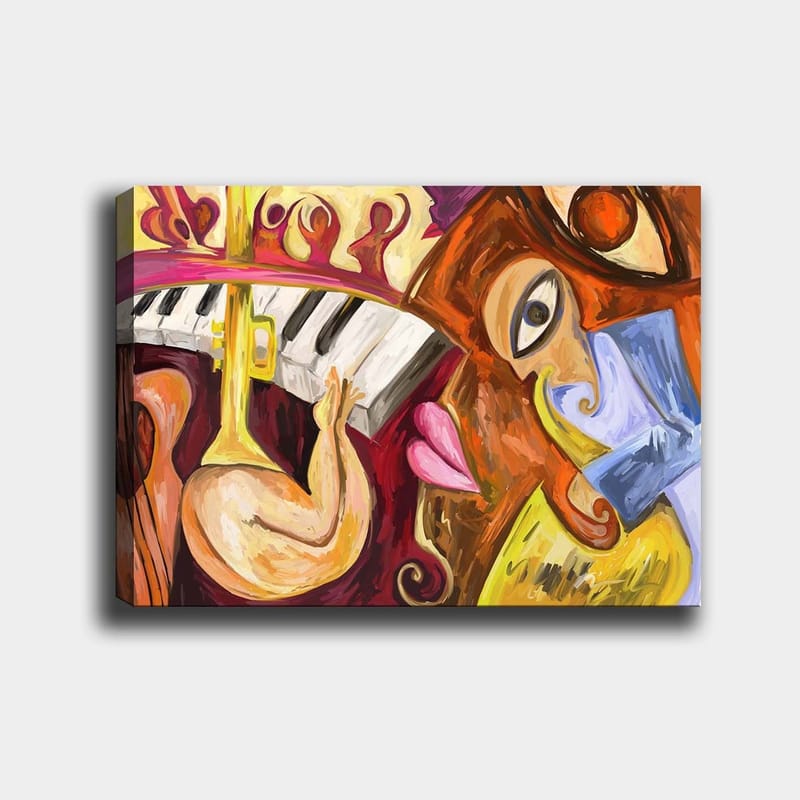 Canvas taulu 70x100 cm - Värikäs ja abstrakti sommitelma musiikkielementeillä ja kasvoaiheilla, Punainen / Keltainen / Sininen