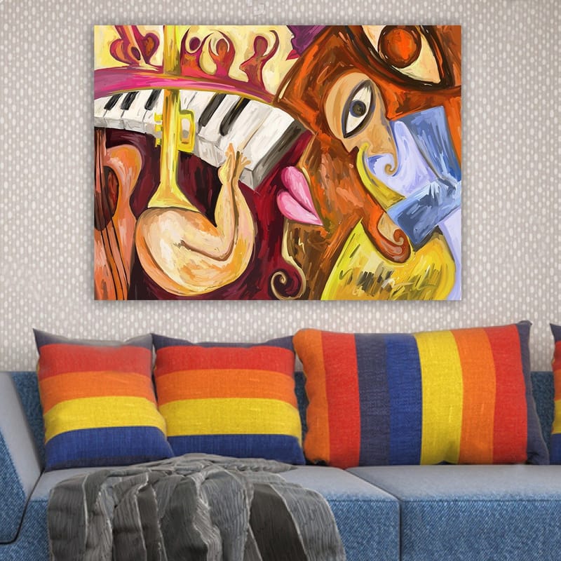 Canvas taulu 70x100 cm - Värikäs ja abstrakti sommitelma musiikkielementeillä ja kasvoaiheilla - Punainen / Keltainen / Sininen - Sisustustuotteet - Taulu & taide - Canvas-taulu