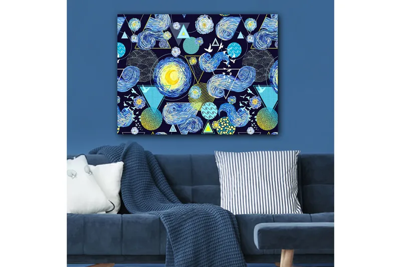 Canvas taulu 70x100 cm - Värikäs ja dynaaminen tulkinta yötaivaasta pyörivine galakseineen ja geometrisine muotoineen - Sininen / Keltainen / Valkoinen - Sisustustuotteet - Taulu & taide - Canvas-taulu