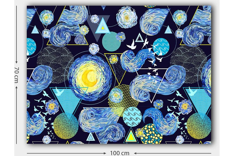 Canvas taulu 70x100 cm - Värikäs ja dynaaminen tulkinta yötaivaasta pyörivine galakseineen ja geometrisine muotoineen - Sininen / Keltainen / Valkoinen - Sisustustuotteet - Taulu & taide - Canvas-taulu
