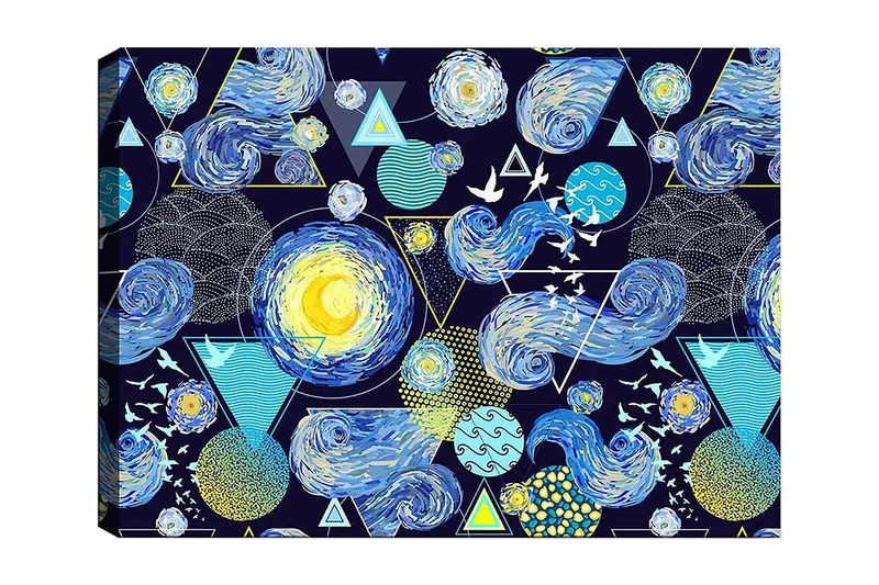 Canvas taulu 70x100 cm - Värikäs ja dynaaminen tulkinta yötaivaasta pyörivine galakseineen ja geometrisine muotoineen, Sininen / Keltainen / Valkoinen