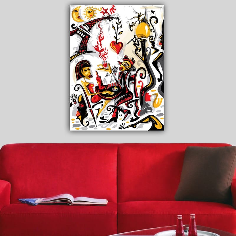 Canvas taulu 70x100 cm - Värikäs ja eloisa näkymä naisesta ja miehestä vuorovaikutuksessa, rakkauden ja elämän symbolien ympäröimänä - Punainen / Musta / Keltainen - Sisustustuotteet - Taulu & taide - Canvas-taulu