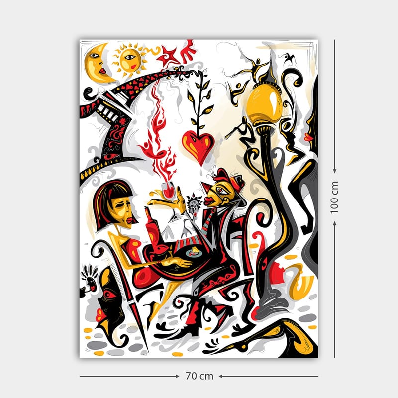 Canvas taulu 70x100 cm - Värikäs ja eloisa näkymä naisesta ja miehestä vuorovaikutuksessa, rakkauden ja elämän symbolien ympäröimänä - Punainen / Musta / Keltainen - Sisustustuotteet - Taulu & taide - Canvas-taulu