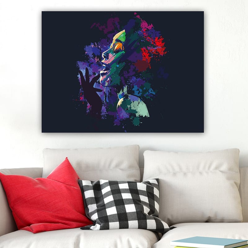 Canvas taulu 70x100 cm - Värikäs ja ilmeikäs muotokuva intohimoisesti laulavasta naisesta - Violetti / Vihreä / Punainen - Sisustustuotteet - Taulu & taide - Canvas-taulu