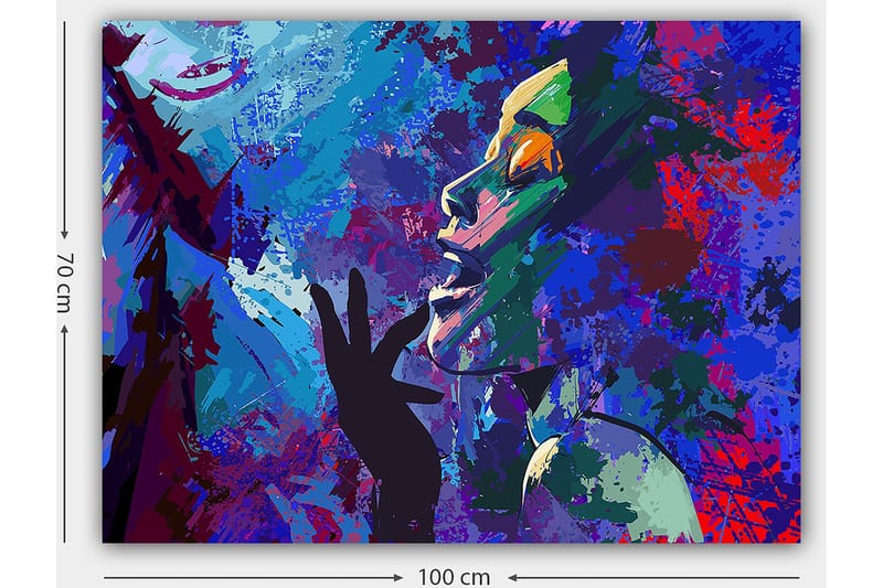 Canvas taulu 70x100 cm - Värikäs ja ilmeikäs muotokuvamaalaus naisesta, joka elehtii kädellään kasvojaan kohti - Sininen / Vihreä / Violetti - Sisustustuotteet - Taulu & taide - Canvas-taulu