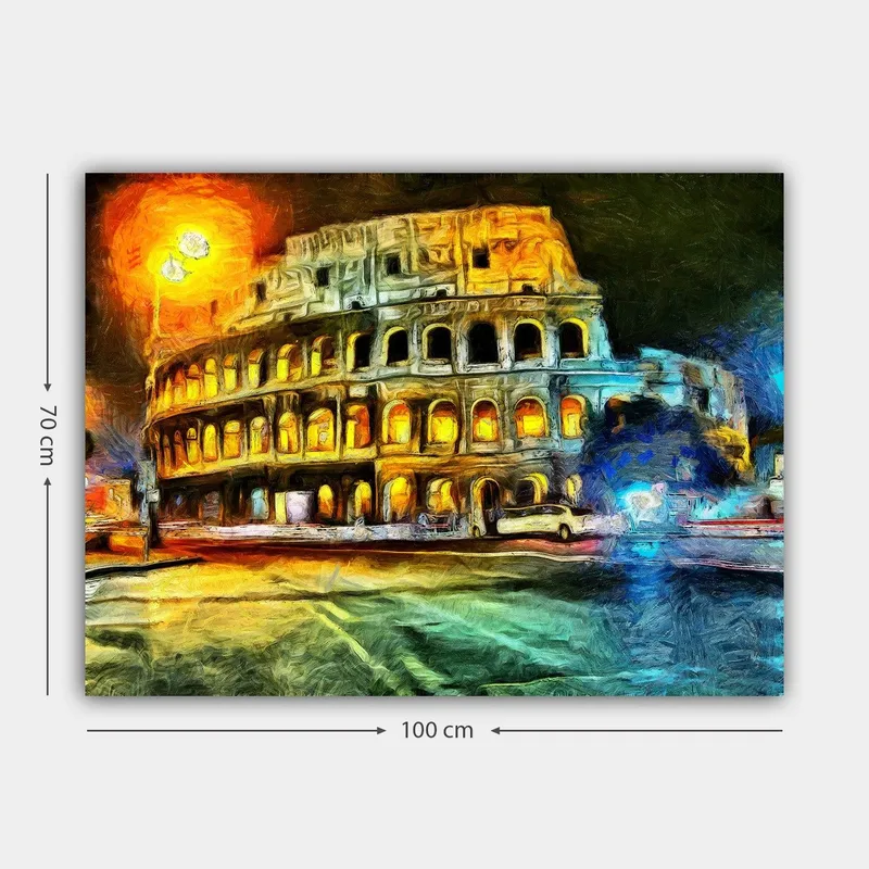 Canvas taulu 70x100 cm - Värikäs ja impressionistinen kuvaus Rooman Colosseumista, valaistuna keltaisella ja oranssilla valolla - Keltainen / Sininen / Oranssi - Sisustustuotteet - Taulu & taide - Canvas-taulu