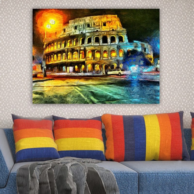 Canvas taulu 70x100 cm - Värikäs ja impressionistinen kuvaus Rooman Colosseumista, valaistuna keltaisella ja oranssilla valolla - Keltainen / Sininen / Oranssi - Sisustustuotteet - Taulu & taide - Canvas-taulu