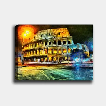 Canvas taulu 70x100 cm - Värikäs ja impressionistinen kuvaus Rooman Colosseumista, valaistuna keltaisella ja oranssilla valolla - Keltainen / Sininen / Oranssi - Sisustustuotteet - Taulu & taide - Canvas-taulu
