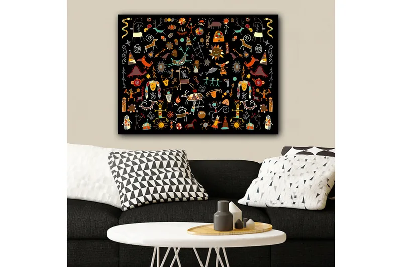 Canvas taulu 70x100 cm - Värikäs ja leikkisä kokoelma symboleja ja hahmoja, jotka edustavat luontoa ja kulttuuria, Punainen / Keltainen / Musta